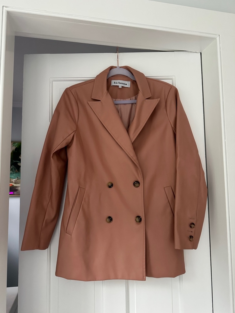 En Saison Muted Pink Faux Leather Double Breasted Oversize Blazer Jacket Size S